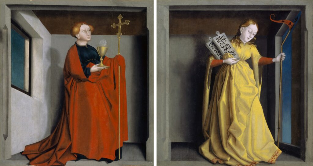 Twee geschilderde panelen naast elkaar. Links een vrouw in een rode mantel met een kelk en een kruisstaf die omhoog kijkt; rechts een geblinddoekte vrouw in een gele jurk met een gebroken lans en wetstafelen die uit haar hand glijden.