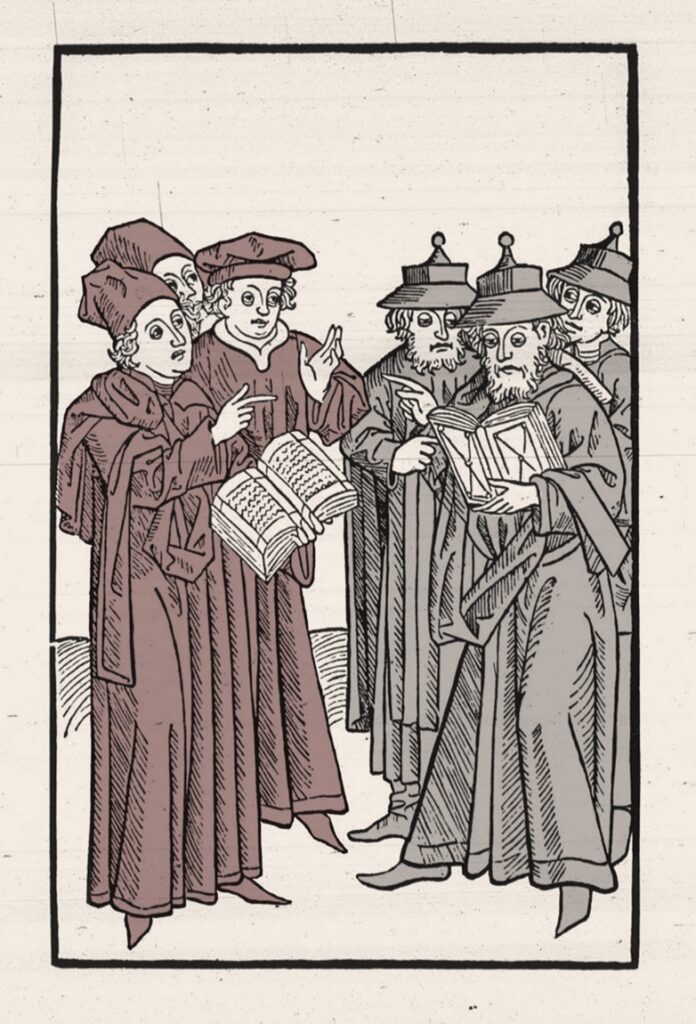Ingekleurde houtsnede van twee groepen geleerden in lange gewaden die tegenover elkaar staan en met boeken in de hand met elkaar in discussie gaan.